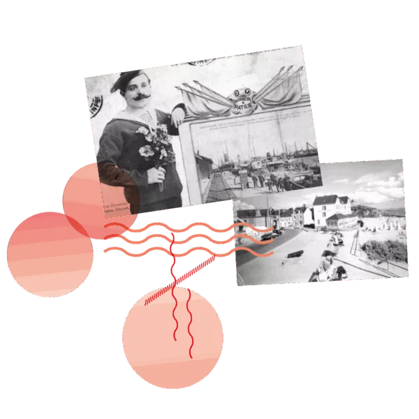 Montage de deux cartes postales, l'une représentant un marin posant à côté d'une vue du port et l'autre représentant le bourg de Saint-Marc-sur-Mer.