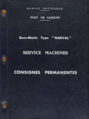 Couverture bleu nuit en simili cuir d'un manuel de consignes du service machines du sous-marin Espadon.