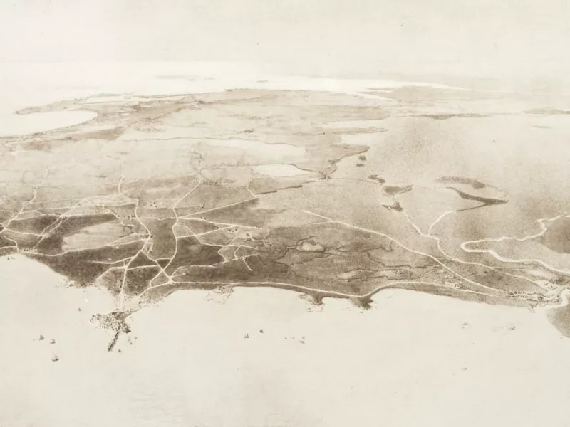Auteurs : Georges, Claude et Jacques Dommée. Collection Saint-Nazaire Agglomération Tourisme - Écomusée Lavis représentant une vue panoramique de la ville de Saint-Nazaire en 1830