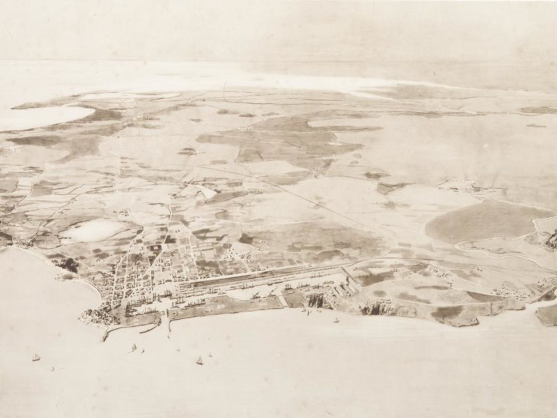 Lavis représentant une vue panoramique de la ville de Saint-Nazaire en 1886