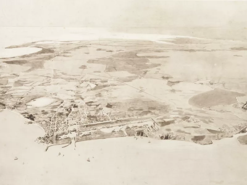 Auteurs : Georges, Claude et Jacques Dommée. Collection Saint-Nazaire Agglomération Tourisme - Écomusée Lavis représentant une vue panoramique de la ville de Saint-Nazaire en 1886