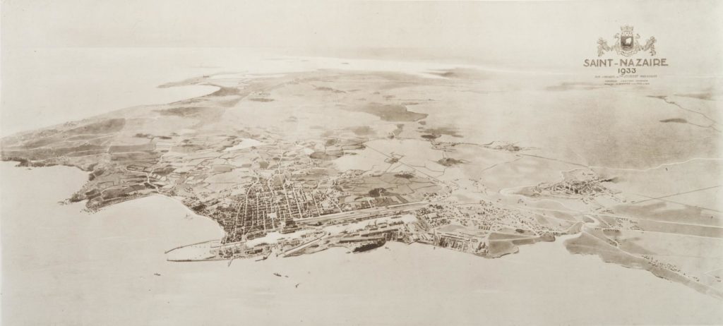 Lavis représentant une vue panoramique de la ville de Saint-Nazaire en 1933