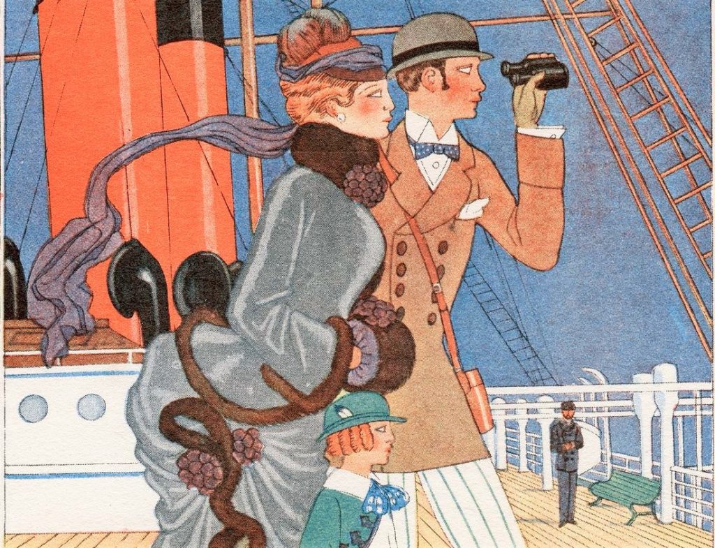 Détail d'un menu représentant un couple et un enfant de profil sur le pont d'un paquebot et regardant dans une paire de jumelles.