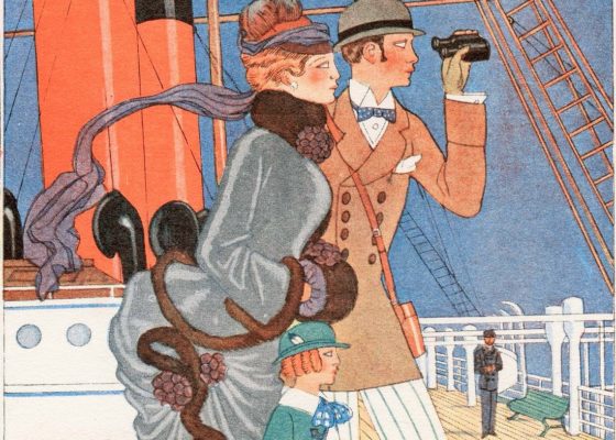 Détail. Illustrateur : Georges Barbier. Éditeur : French Lines. Collection Saint-Nazaire Agglomération Tourisme - Écomusée. Détail d'un menu représentant un couple et un enfant de profil sur le pont d'un paquebot et regardant dans une paire de jumelles.