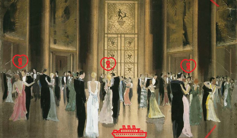 Gouache représentant des couples dansant dans le salon ovale du paquebot L'Atlantique dans les années 1930.