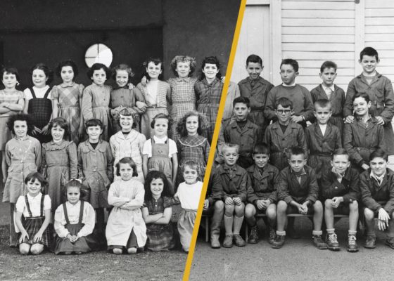 Montage de deux photographies de classe en noir et blanc, une de filles et une de garçons prises pendant la reconstruction de Saint-Nazaire.