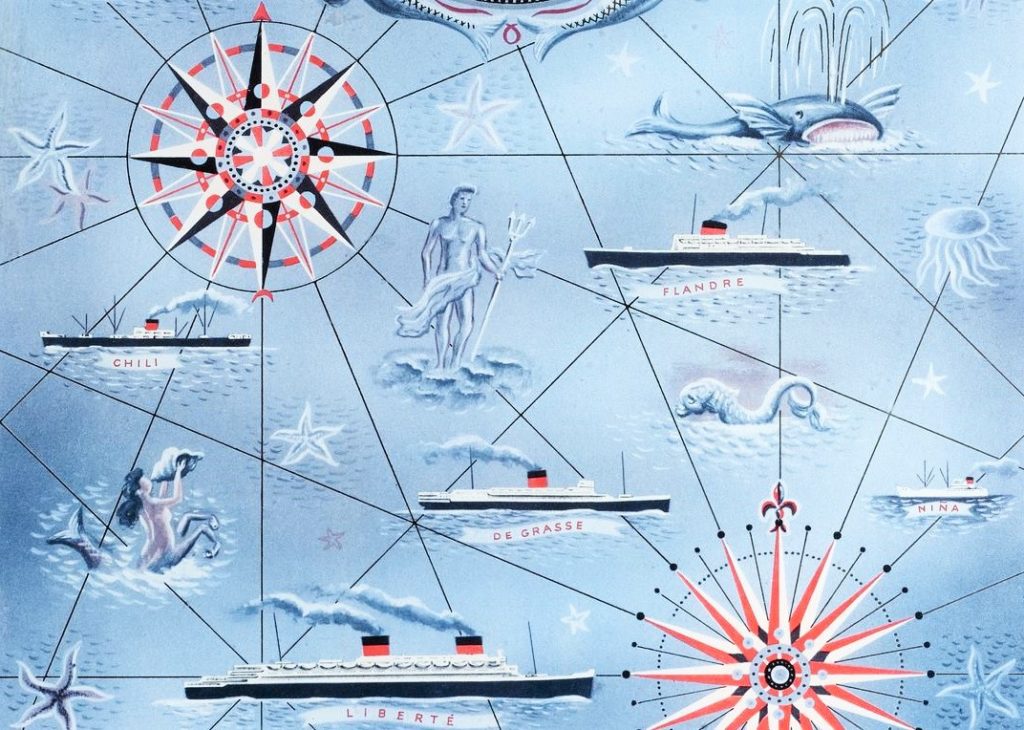 Détail d'un calendrier perpétuel de la Compagnie Générale Transatlantique représentant des roses des vents, des paquebots et des créatures mythologiques sur un fond bleu.