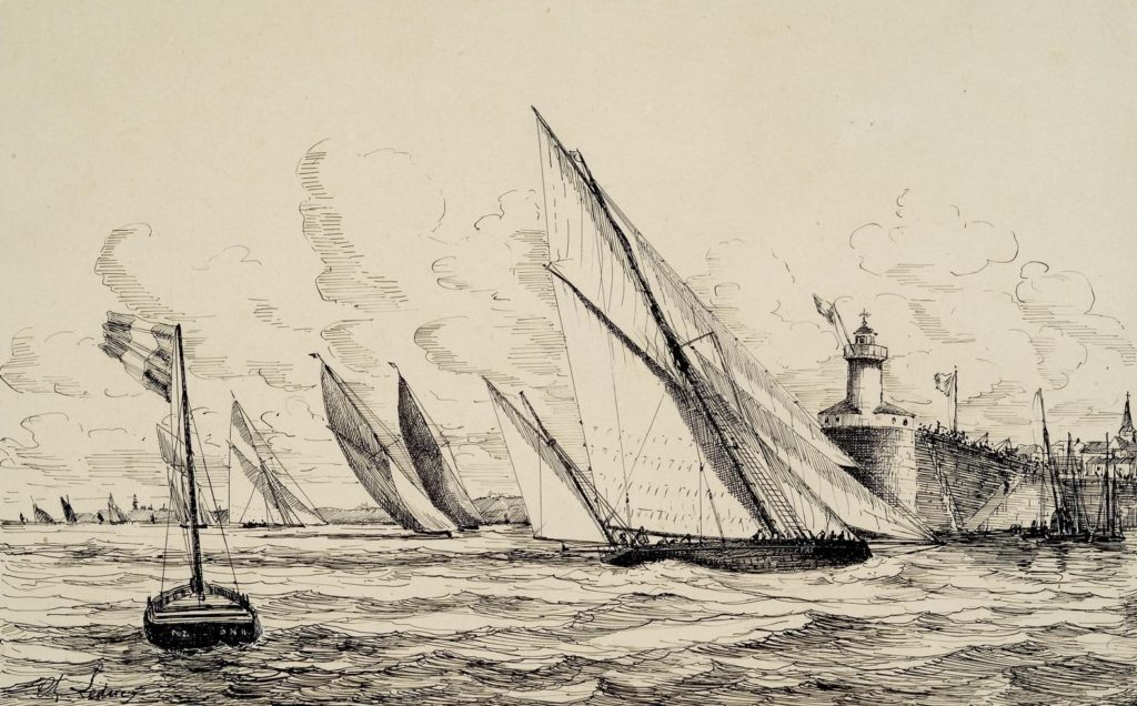 Dessin de Charles Leduc représentant l'arrivée d'une régate près du Vieux Môle depuis l'estuaire en 1890.