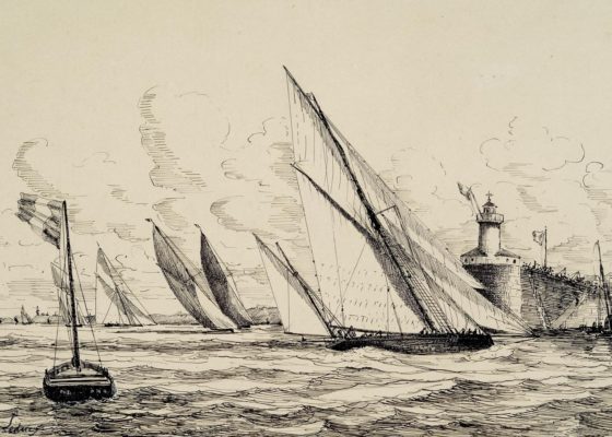 Dessin de Charles Leduc représentant l'arrivée d'une régate près du Vieux Môle depuis l'estuaire en 1890.