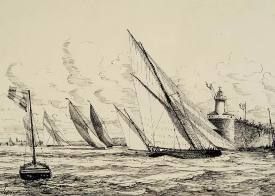 Dessin de Charles Leduc représentant l'arrivée d'une régate près du Vieux Môle depuis l'estuaire en 1890.