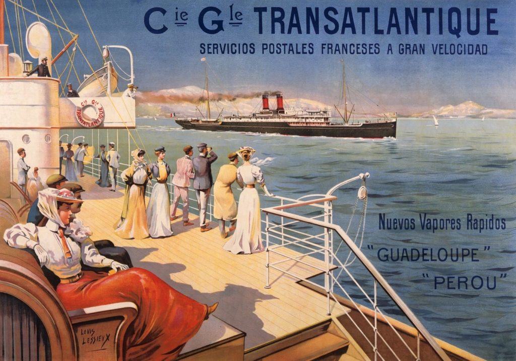 Affiche de la Compagnie Générale Transatlantique représentant des passagers de la Belle Époque sur le pont d'un navire.