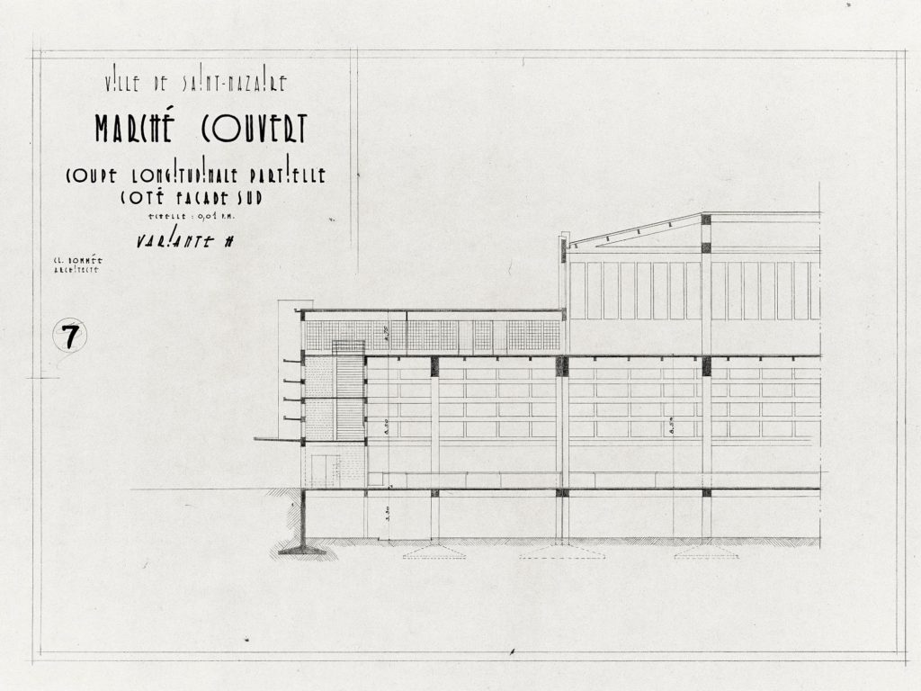 Plan d'architecte représentant un projet de façade pour le marché couvert de Saint-Nazaire.