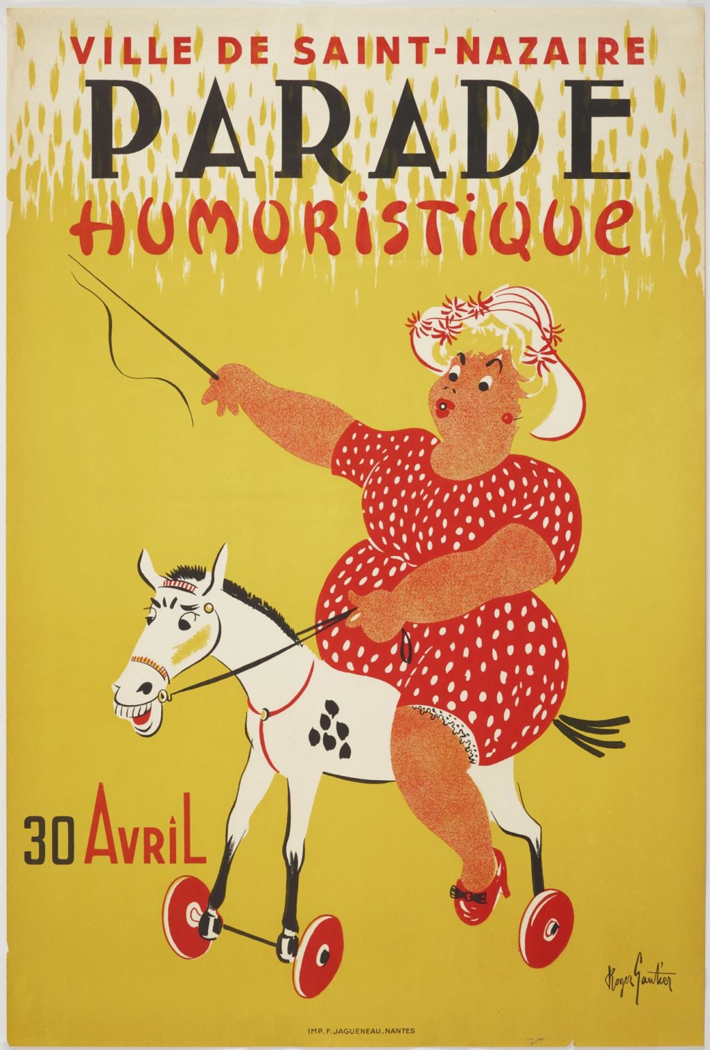 Affiche de la parade humoristique représentant une femme de grosse corpulence montant un petit cheval en bois.