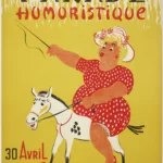 Illustrateur : Roger Gautier. Collection Saint-Nazaire Agglomération Tourisme - Écomusée Affiche de la parade humoristique représentant une femme de grosse corpulence montant un petit cheval en bois.