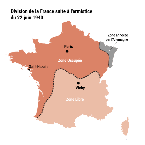 Carte géographique représentant la France suite à sa division en deux zones.