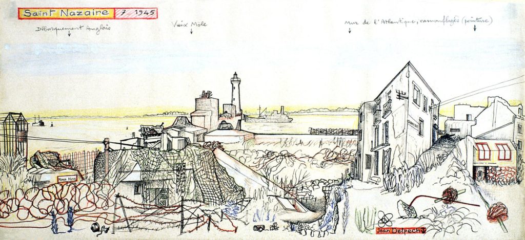 Dessin du Vieux Saint-Nazaire par Jean Delpech à la libération de la Poche de Saint-Nazaire.