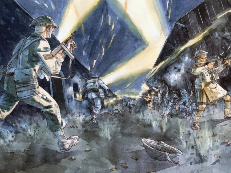 Illustrateur : Benoît Blary. Illustration du dessinateur Benoît Blary représentant des commandos courrant entre des entrepôts la nuit lors de l'opération Chariot.