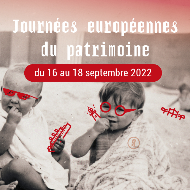 Affiche des Journées européennes du patrimoine à Saint-Nazaire représentant deux bébés dans le sable.