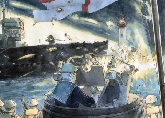 Illustration du dessinateur Benoît Blary représentant le Campbeltown passant devant le vieux môle de nuit sous le feu ennemi lors de l'opération Chariot.