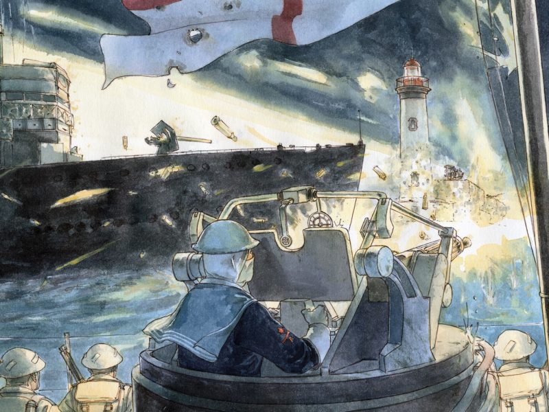 Illustrateur : Benoît Blary. Illustration du dessinateur Benoît Blary représentant le Campbeltown passant devant le vieux môle de nuit sous le feu ennemi lors de l'opération Chariot.