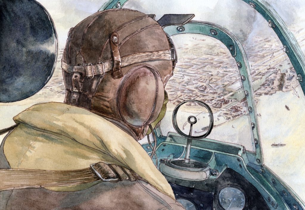 Illustration du dessinateur Benoît Blary représentant un pilote britannique survolant la ville de Saint-Nazaire quelques jours avant de l'opération Chariot.