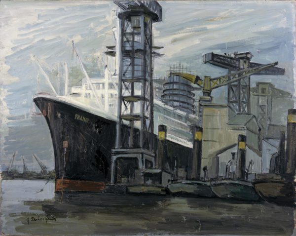 Peinture de Germaine Darbois-Gaudin représentant le paquebot France en construction à son quai d'armement dans le bassin de Penhoët à Saint-Nazaire.