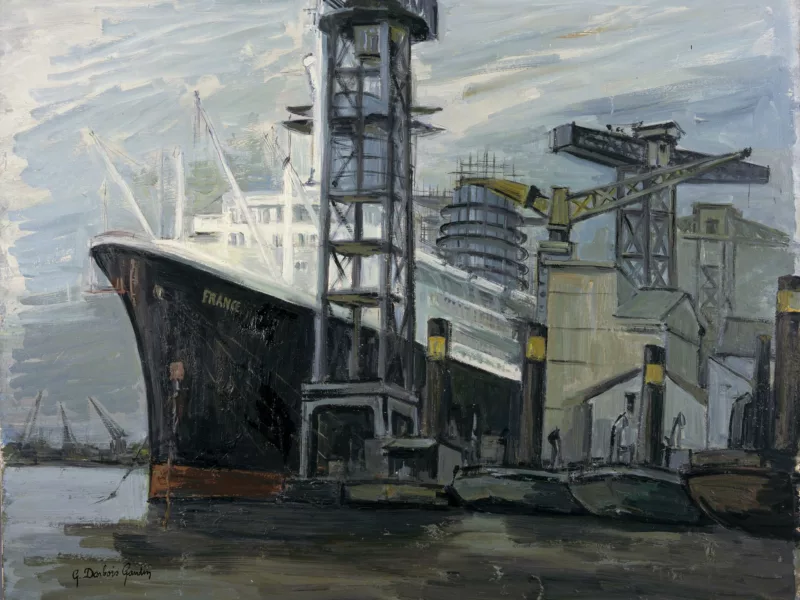 Peintre : Germaine Darbois-Gaudin. Collection Saint-Nazaire Agglomération Tourisme – Écomusée Peinture de Germaine Darbois-Gaudin représentant le paquebot France en construction à son quai d'armement dans le bassin de Penhoët à Saint-Nazaire.