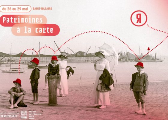 Création graphique : Maelwenn Leduc. Photographe : inconnu. Collection Saint-Nazaire Agglomération Tourisme – Écomusée. Des femmes et des enfants sur un quai, devant les bassins portuaires de Saint-Nazaire