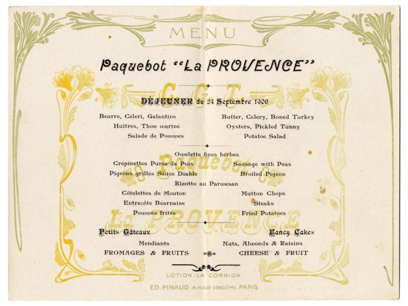 Pages intérieures du menu de déjeuner du 24 septembre 1906 à bord du paquebot La Provence (1906).