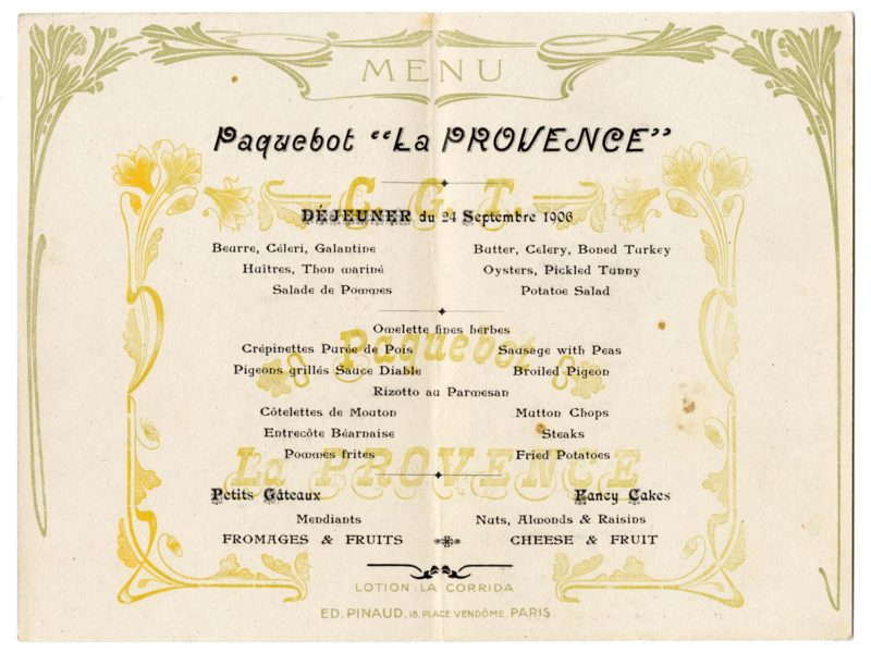 Éditeur : Compagnie Générale Transatlantique. Collection Saint-Nazaire Agglomération Tourisme – Écomusée. Pages intérieures du menu de déjeuner du 24 septembre 1906 à bord du paquebot La Provence (1906).