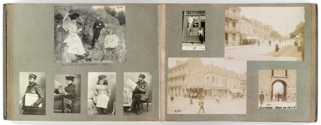 Photographie d'une double page de l'album photographique d'Ernest Delaveau représentant 4 portraits de lui et sa famille et 5 vues de Saint-Nazaire.