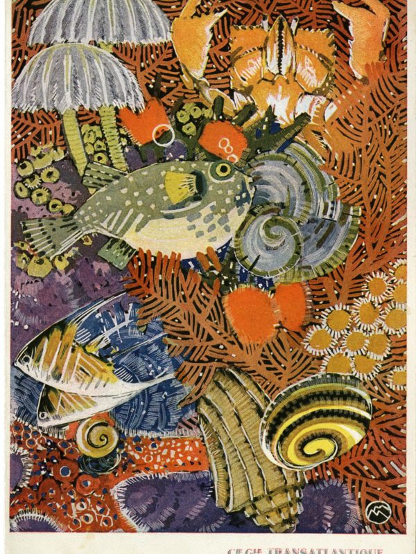 Couverture d'un menu de la Compagnie Générale Transatlantique illustré avec des poissons, coraux et crustacés par Mathurin Méheut.