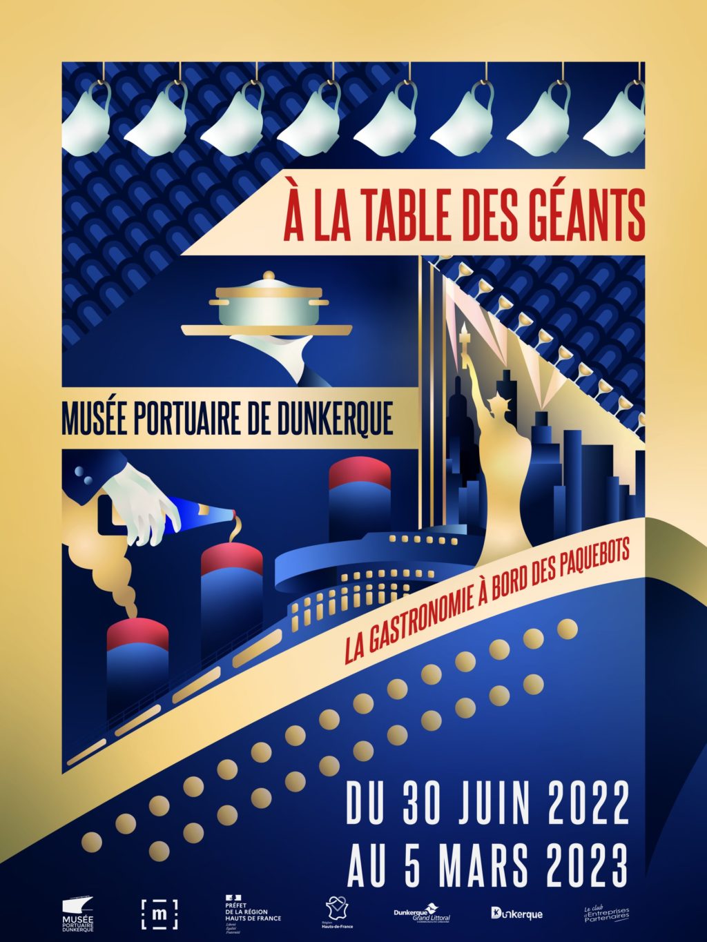 Affiche de l'exposition "À la table des géants, la gastronomie à bord des paquebots" au Musée portuaire de Dunkerque.