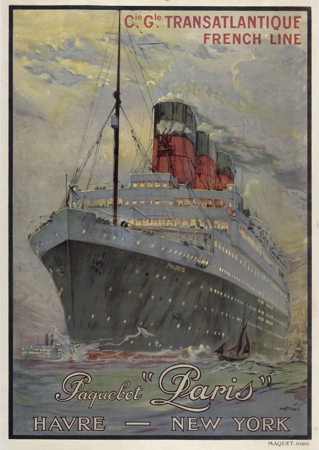 Affiche représentant l'avant du paquebot Paris (1921) en mer au coucher du soleil.