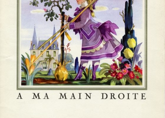 © ADAGP, Paris 2023. Illustrateur : Jean-Adrien Mercier. Éditeur : Compagnie Générale Transatlantique. Imprimeur : Imprimerie moderne. Collection Saint-Nazaire Agglomération Tourisme - Écomusée. Couverture d'un menu avec une illustration de Jean-Adrien Mercier représentant une enfant plantant un rosier dans un jardin avec au loin un château.