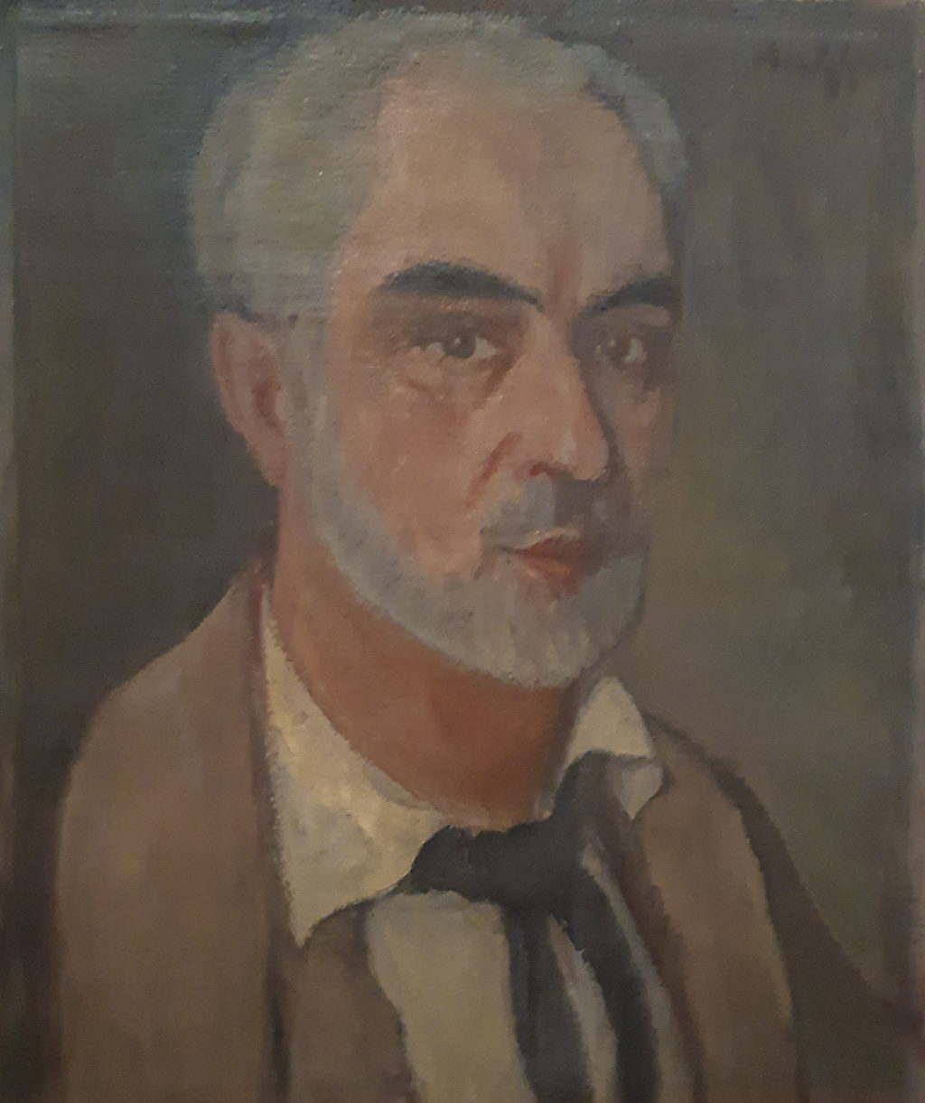 Tableau représentant le buste d'un homme aux cheveux, à la barbe et à la moustache gris, autoportrait du peintre Alexandre Auffray.