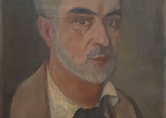 Tableau représentant le buste d'un homme aux cheveux, à la barbe et à la moustache gris, autoportrait du peintre Alexandre Auffray.