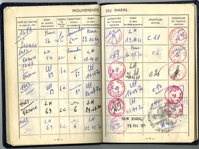 Créateur : Marine marchande. Collection Saint-Nazaire Agglomération Tourisme - Écomusée Double page intérieure d'un livret professionnel maritime représentant un tableau des mouvements (embarquements) de son propriétaire, Raymond Le Coq à bord du paquebot France (1962).