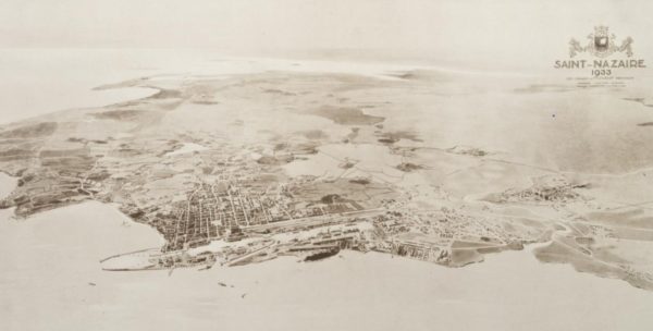 Lavis représentant une vue panoramique de la ville de Saint-Nazaire en 1933