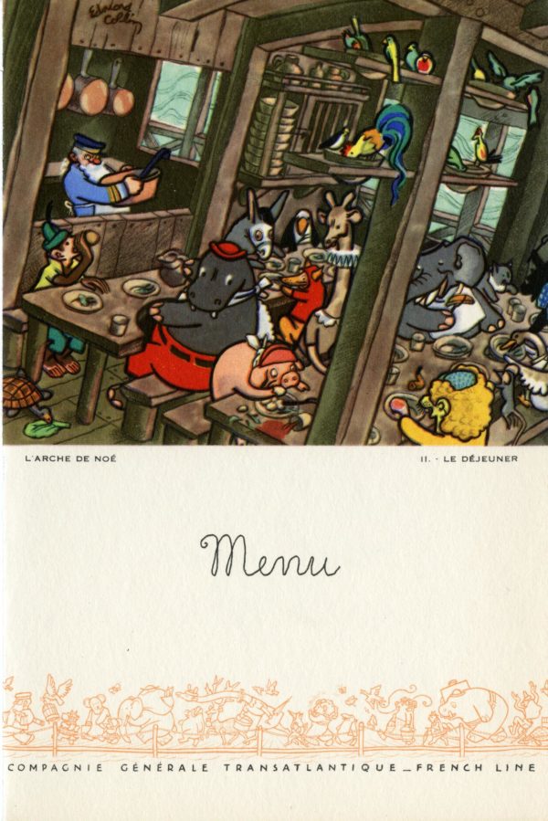 Menu de déjeuner et dîner première classe pour enfant du paquebot Liberté (1950), illustrée par Édouard Collin