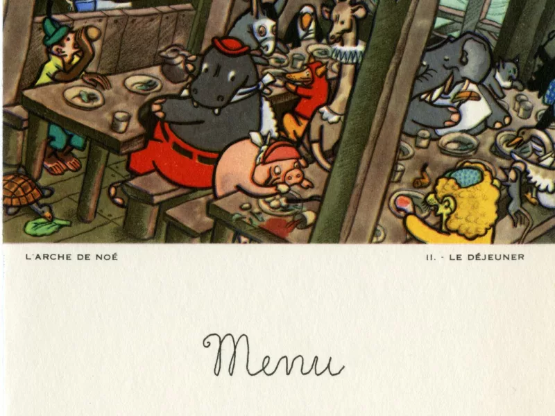 Illustrateur : Édouard Collin. Auteur : Compagnie Générale Transatlantique. Imprimeur : Imprimerie Transatlantique. Collection Saint-Nazaire Agglomération Tourisme - Écomusée. Menu de déjeuner et dîner première classe pour enfant du paquebot Liberté (1950), illustrée par Édouard Collin