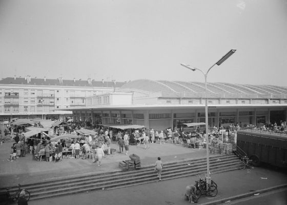 Photographe : P. Lemasson. Collection Saint-Nazaire Agglomération Tourisme - Écomusée. Fonds Lemasson. Une foule se presse devant les halles couvertes de Saint-Nazaire, un jour de marché.