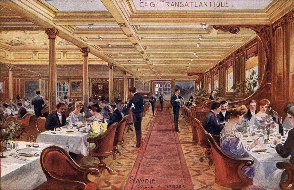 Carte postale illustrée représentant la salle à manger première classe du paquebot La Savoie (1901).