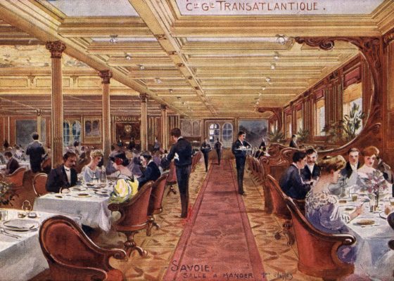 Illustrateur et éditeur : inconnus. Collection Saint-Nazaire Agglomération Tourisme - Écomusée. Carte postale illustrée représentant la salle à manger première classe du paquebot La Savoie (1901).