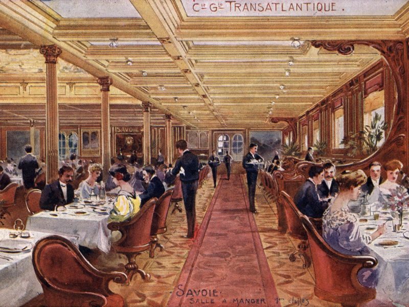 Carte postale illustrée représentant la salle à manger première classe du paquebot La Savoie (1901).