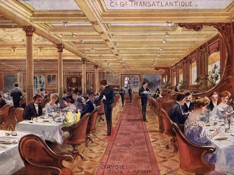 Illustrateur et éditeur : inconnus. Collection Saint-Nazaire Agglomération Tourisme - Écomusée. Carte postale illustrée représentant la salle à manger première classe du paquebot La Savoie (1901).