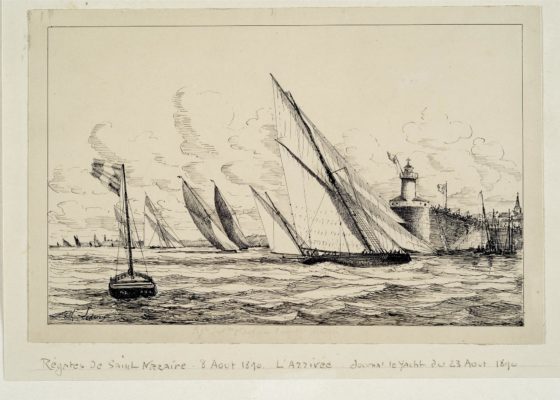 Dessinateur : Charles Leduc. Collection Saint-Nazaire Agglomération Tourisme - Écomusée. Dessin de Charles Leduc représentant l'arrivée d'une régate près du Vieux Môle.