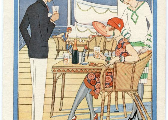 Illustrateur : George Barbier. Imprimeur : Imprimerie Dutal & Cie. Collection Saint-Nazaire Agglomération Tourisme - Écomusée. Menu de déjeuner du paquebot Paris dont la couverture est illustrée par George Barbier et montre 3 passagers en train de déjeuner sur le pont du navire.