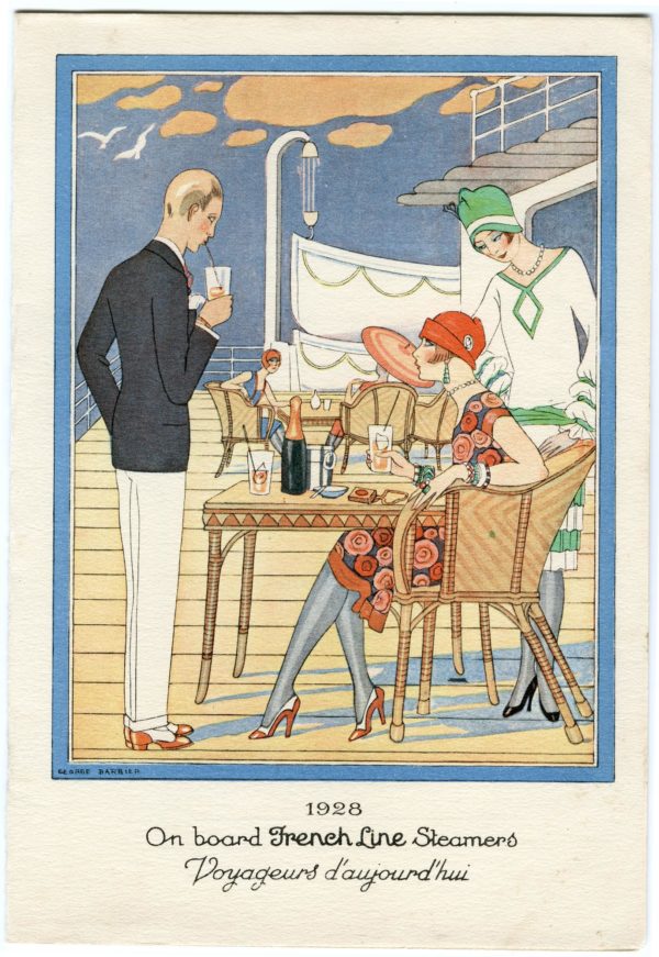 Menu de déjeuner du paquebot Paris dont la couverture est illustrée par George Barbier et montre 3 passagers en train de déjeuner sur le pont du navire.