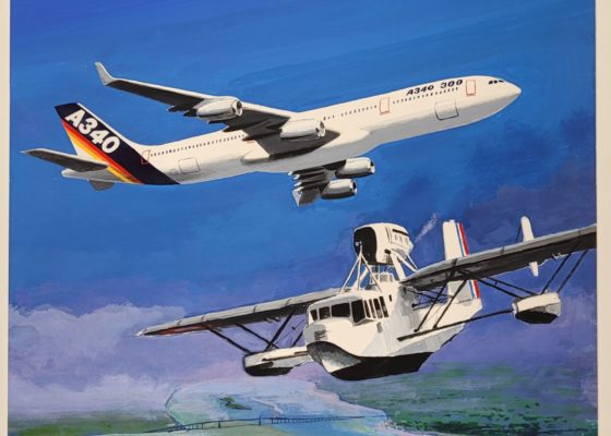 Peinture de Philippe Mitschké représentant un hydravion et un A340 au-dessus de l'estuaire de Saint-Nazaire. 2ème moitié du 20e siècle.